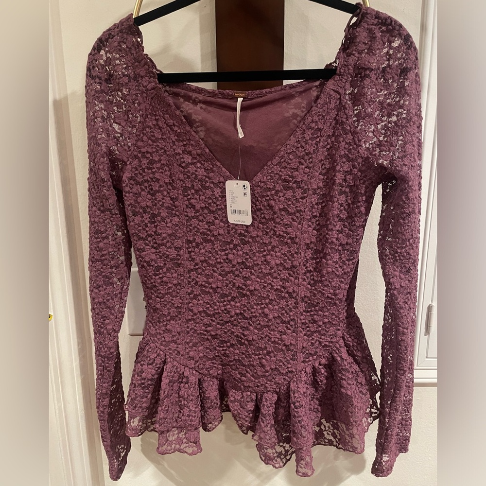 Free People Dusty Mauve Lace Peplum V-Neck Long Sleeve Top